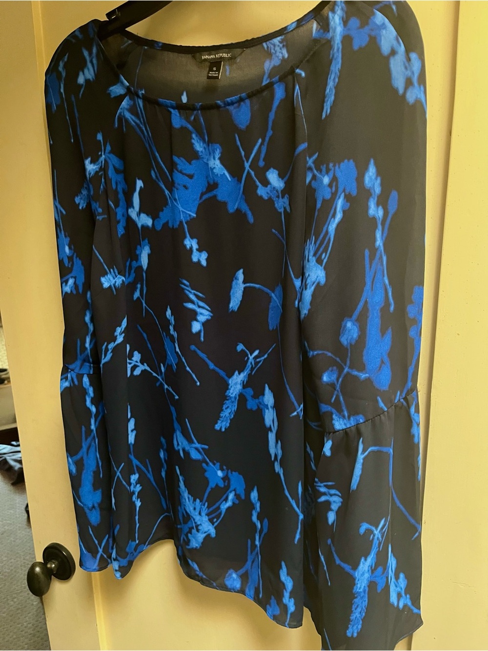 Banana Republic Black Blouse with Cobalt Blue Floral Print